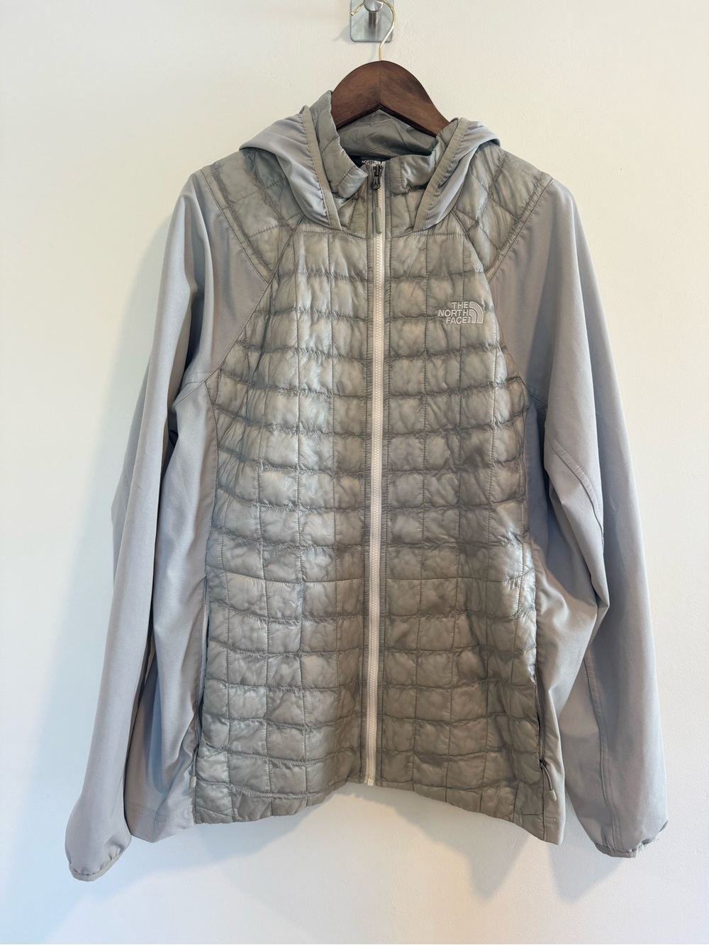 The North Face women’s ThermBall hybrid hooded quilted jacket puffer softshell